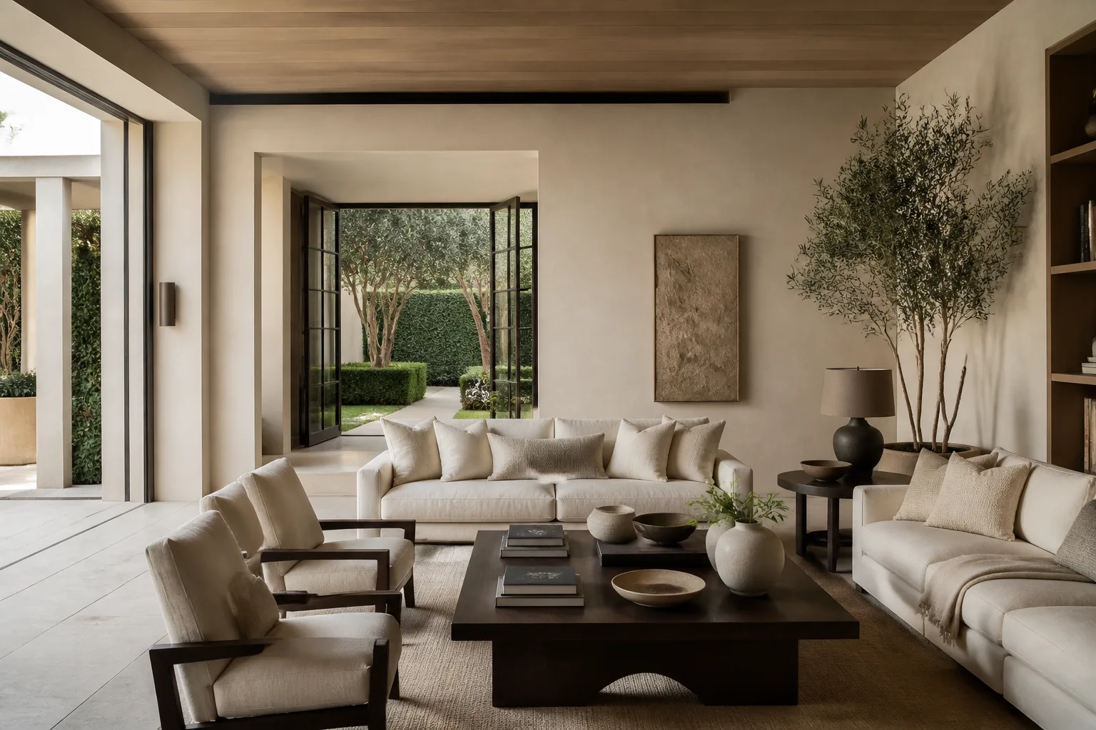 Palm Beach estate interior with plaster, stone, discreet prestige and warm architectural light